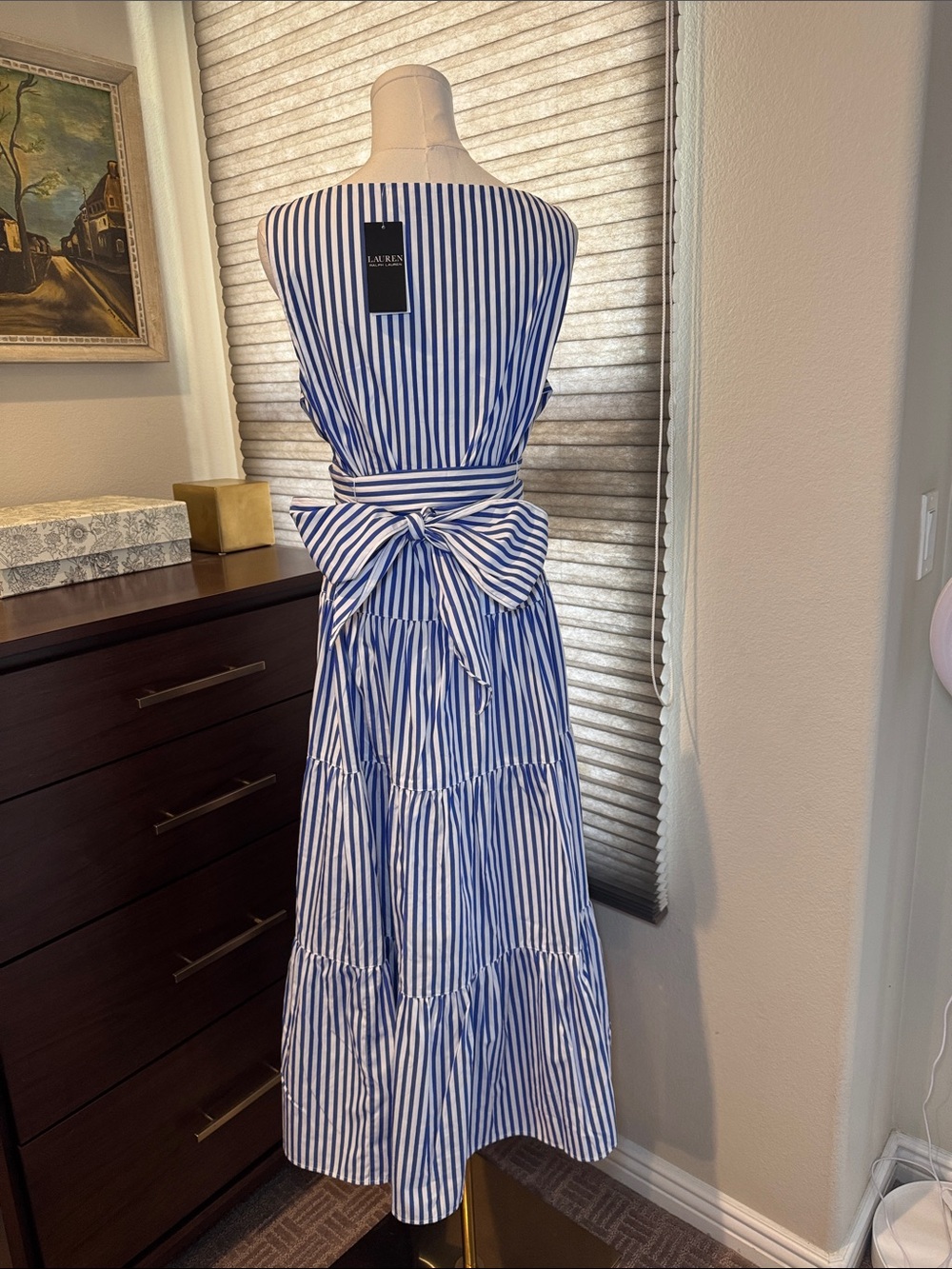 NWT Lauren Ralph Lauren Striped Cotton Broadcloth Tiered Dress. Size 8 - Picture 5 of 8
